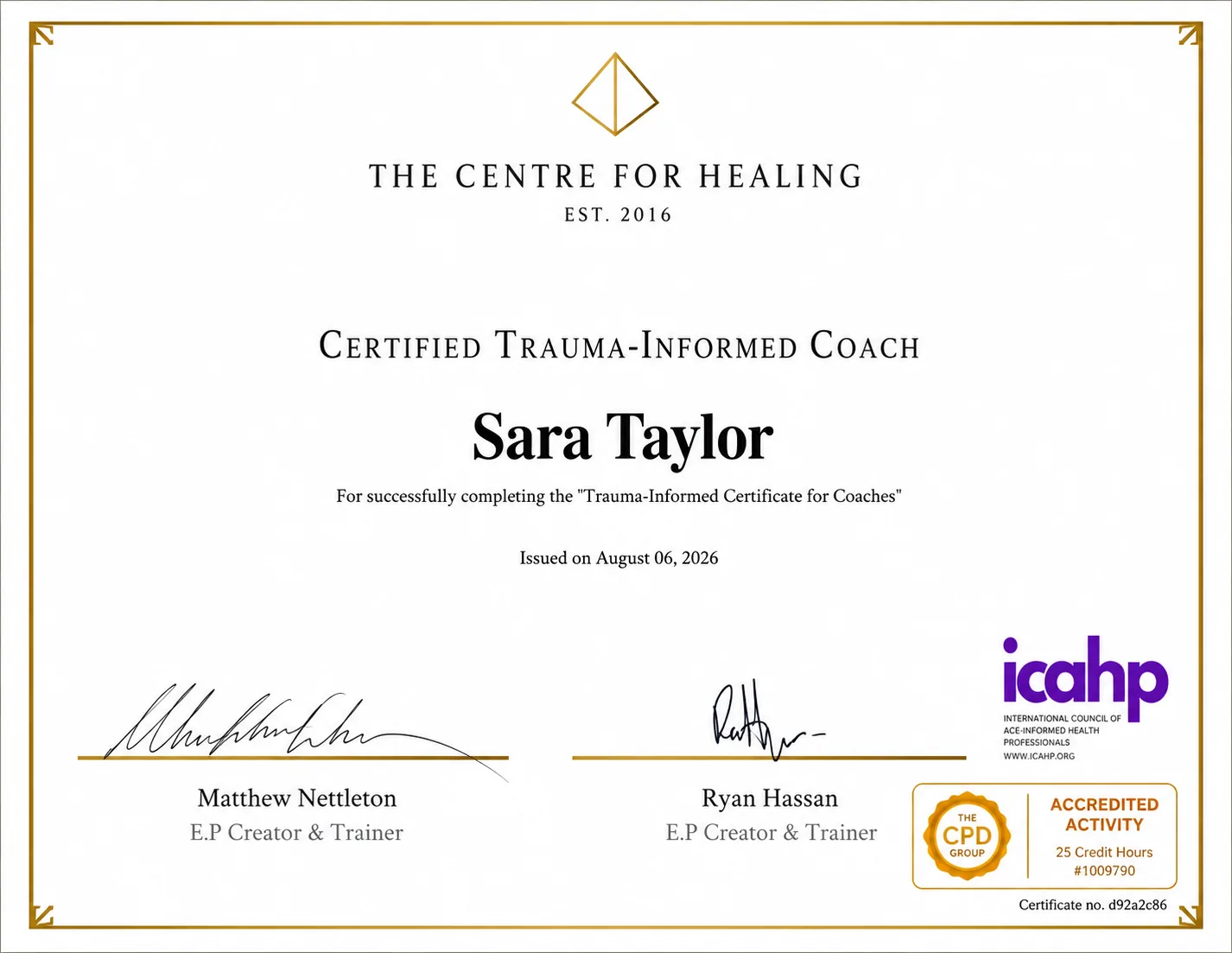 Trauma Informed Certificate for Coaches awarded to Sara Taylor by The Centre for Healing, 2026