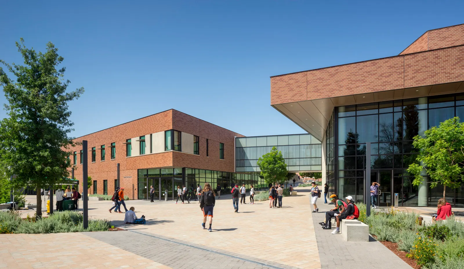 Students crossing the plaza outside the commons at Diablo Valley College