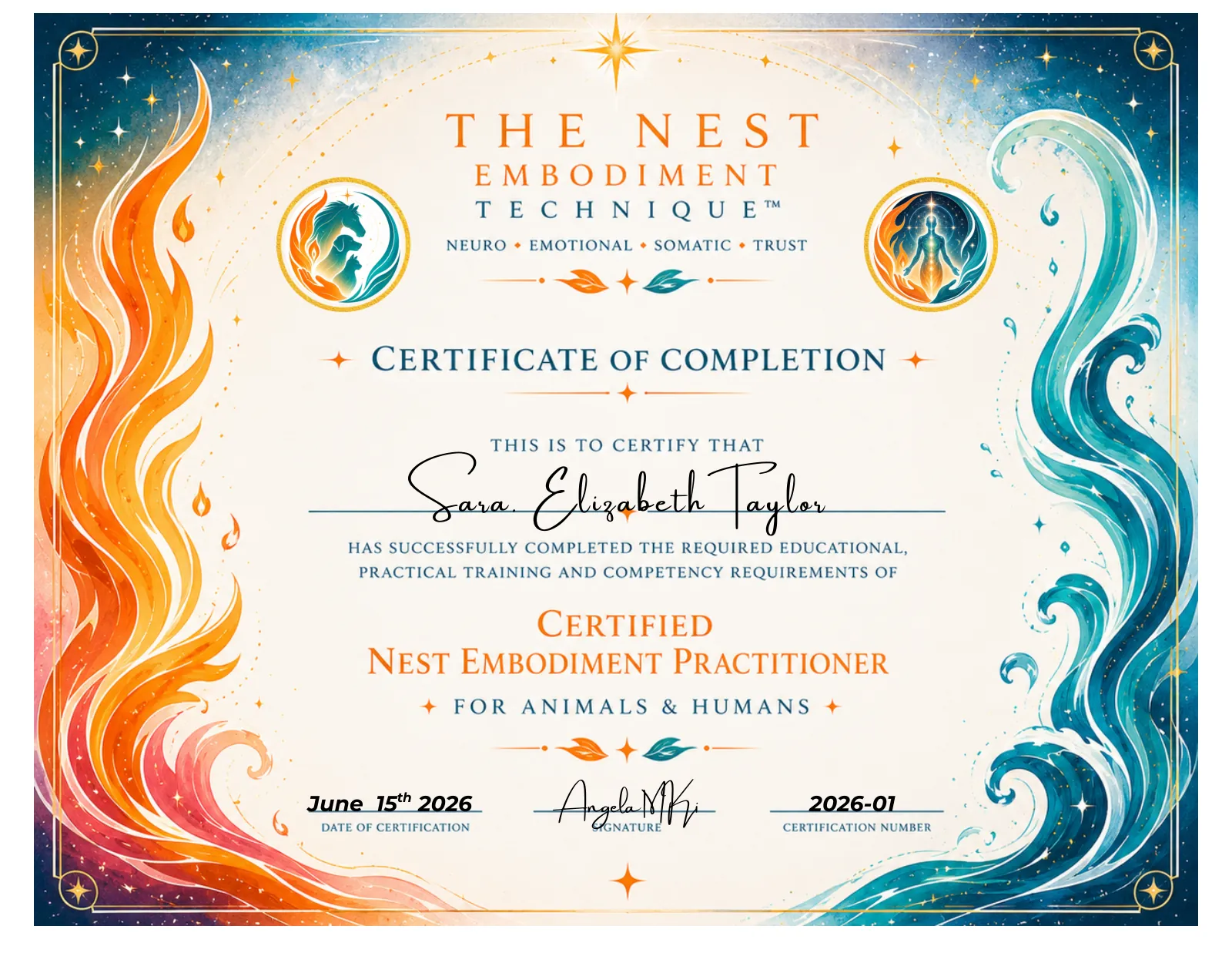 Certificate of Completion from The NEST Embodiment Technique naming Sara Elizabeth Taylor a Certified NEST Embodiment Practitioner for animals and humans, June 2026