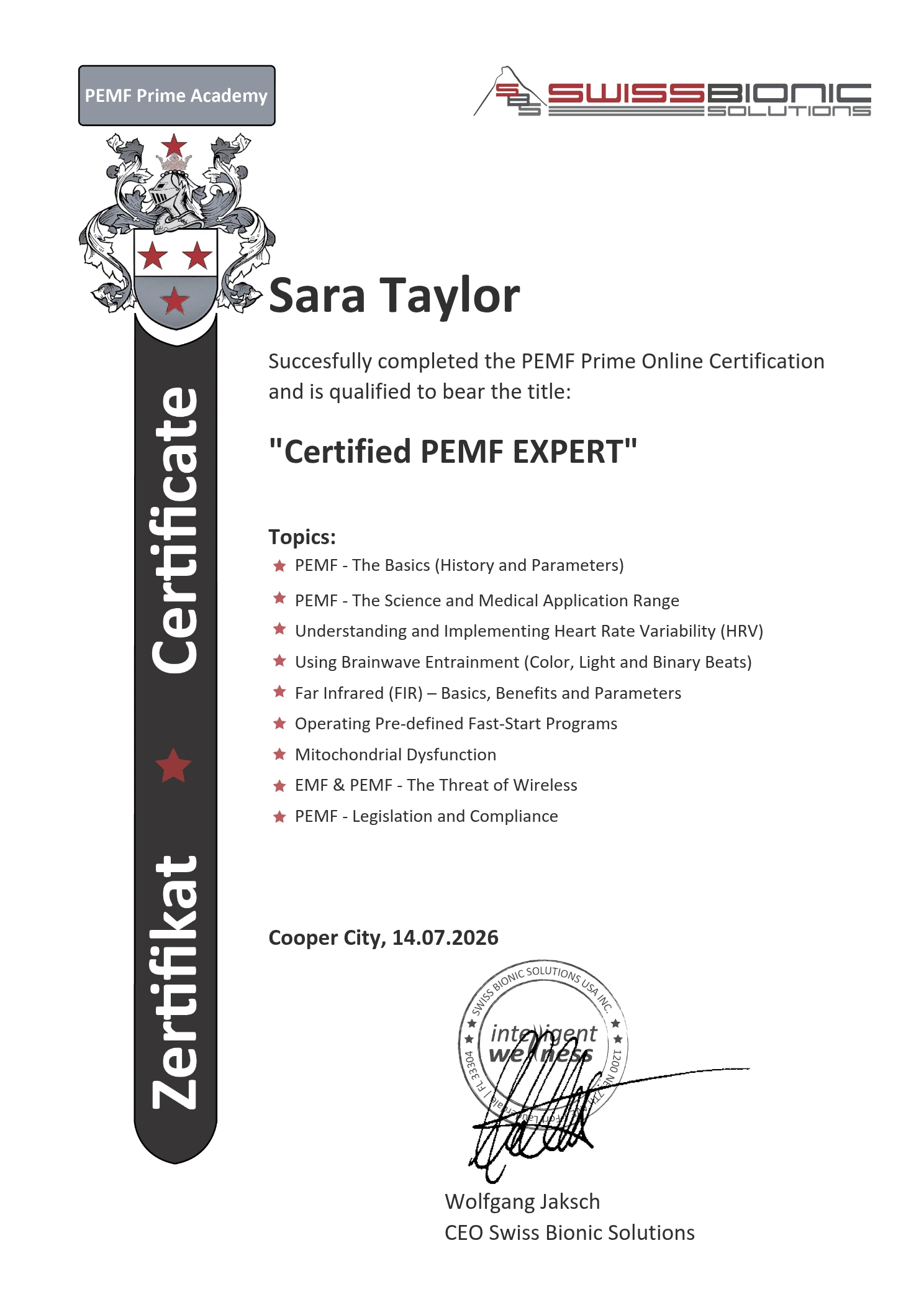 PEMF Prime certificate awarded to Sara Taylor, naming her a Certified PEMF Expert, issued by Swiss Bionic Solutions in July 2026